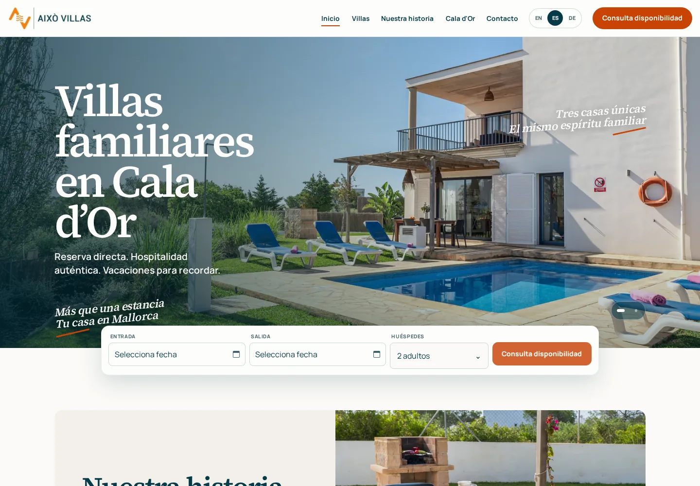 Web de Això Villas en escritorio: presentación de las villas y acceso a la reserva.