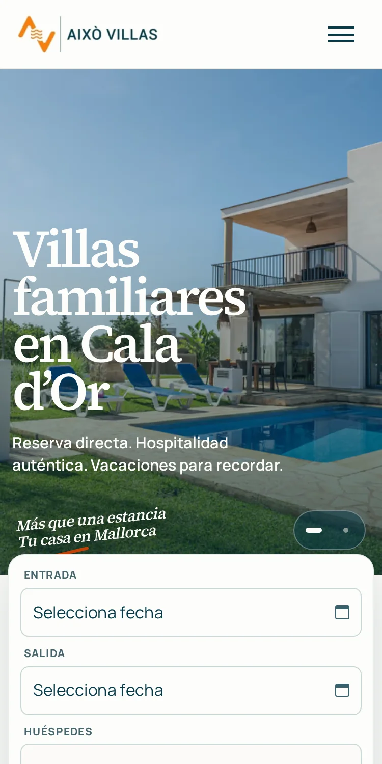 Experiencia móvil de Això Villas, adaptada para consultar las villas y reservar.